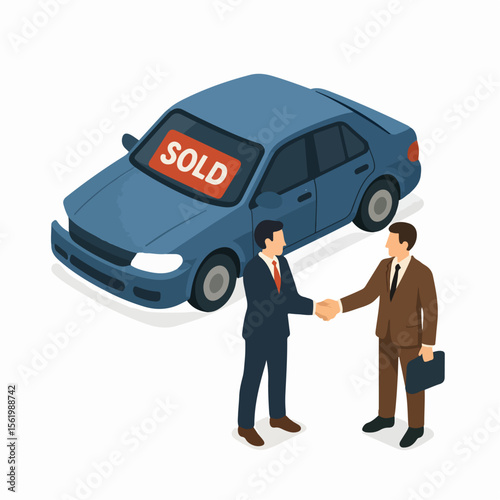 Isometric Flat Two Men Shaking Hands After Selling Car Illustration. white background
