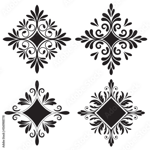 Elegant Decorative Ornaments Featuring Floral Motifs and Diamond Shapes Arranged in a Symmetrical Design with a Vintage Aesthetic