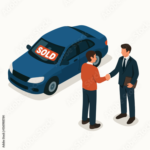 Isometric Flat Two Men Shaking Hands After Selling Car Illustration. white background
