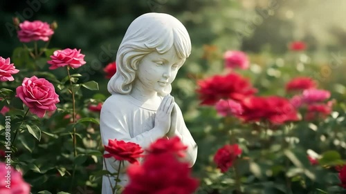 White Marble Statue Of A Child Praying Surrounded By Vivid Red And Pink Roses In A Green Garden Lit By Soft Daylight