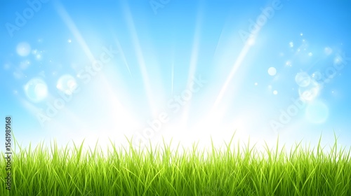 Vibrant Green Grass Meadow under Sunny Sky Background