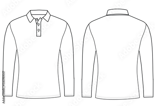 long sleeve polo t shirt Fashion flat sketch front and back views vector illustration template