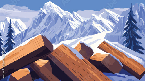 Majestic Winter Mountain Landscape with Rock Range, Snow-Covered Peaks, and Clear Blue Sky