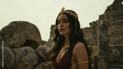 Young Woman Posing in Gold Jewelry and Red Dress Amidst Ancient Ruins in Golden Hour Light