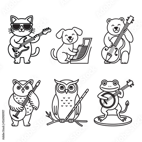 Black and white cartoon animals playing musical instruments including cat, dog, bear, owl, and frog in cute style
