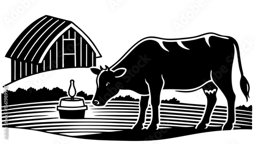 Cows Grazing in the Yard Near the Barn