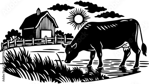 Farmer Feeding Cows Near the Barn at Sunset
