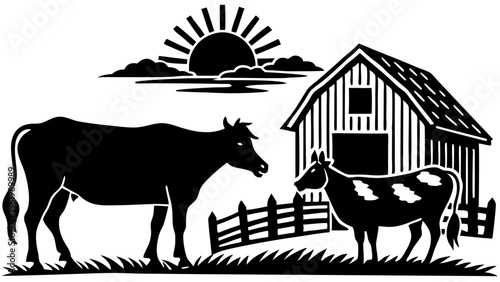 Barn with Farmer and Cows Grazing Together
