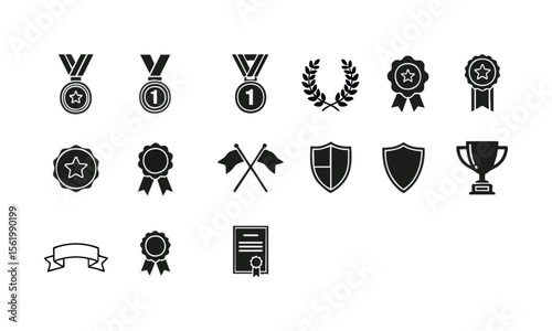 Award and Recognition Icon Set in Black and White Styles Featuring Medals, Trophies, Wreaths, Banners, and Certificates