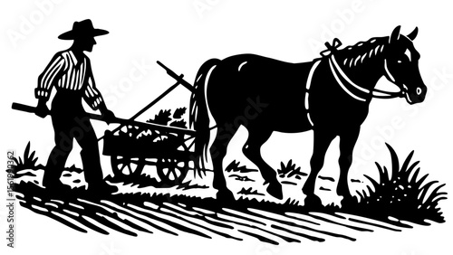 Horse and Farmer Walking in the Field
