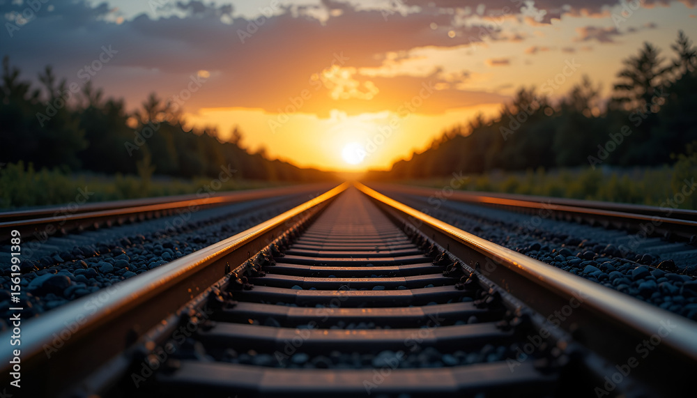 Fototapeta premium Endless Train Tracks Towards a Fiery Sunset Horizon