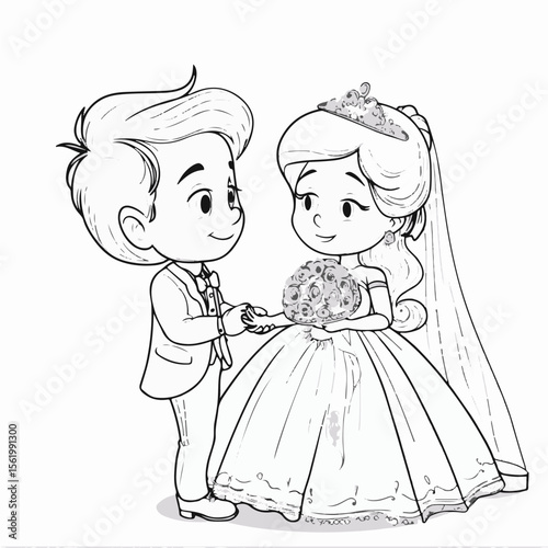 coloring page for children with a prince and a princess, black and white picture, vector, line style