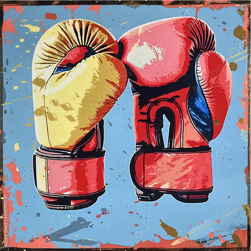 graffiti on the wall. Vector illustration depicting a pair of boxing gloves, made in a realistic style. The gloves are located next to each other, their volume and texture are emphasized. Ideal for us