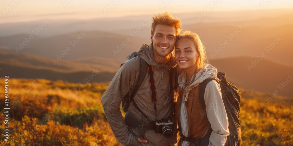 Embrace the beauty of nature with our stunning image of a couple enjoying a mountain hike at sunset. Perfect for illustrating themes of adventure, togetherness, and the great outdoors Embrace the beauty of nature with our stunning image of a couple enjoying a mountain hike at sunset. Perfect for illustrating themes of adventure, togetherness, and the great outdoors
