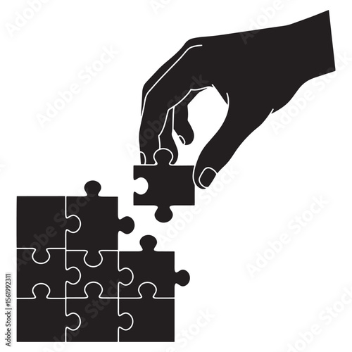 A hand connecting puzzle pieces to complete the jigsaw for teamwork and solutions
