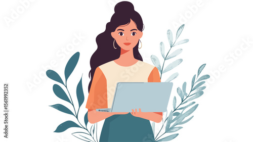 Professional Young Woman Holding Laptop Computer Standing