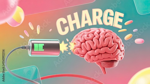 Brain charging with battery in colorful abstract design  