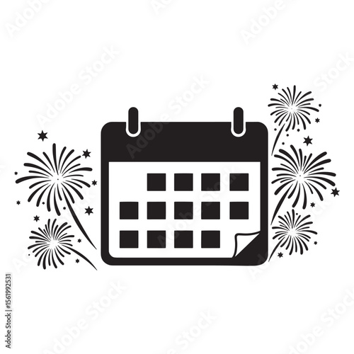 A black and white calendar surrounded by fireworks to celebrate a special occasion