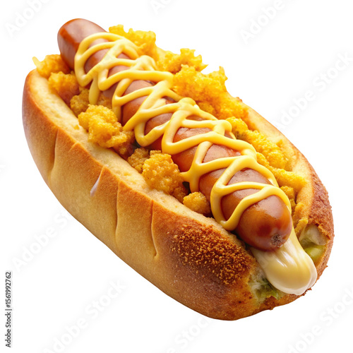 Cheese corndog filled with noodles fries and hotdog is a Korean snack with crispy coating and gooey core
 photo