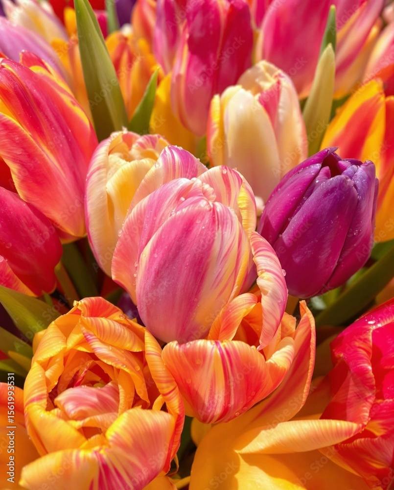 Fototapeta premium Bright and colorful tulips in pink, yellow, orange, and purple with dewy petals, perfect for springtime inspiration.