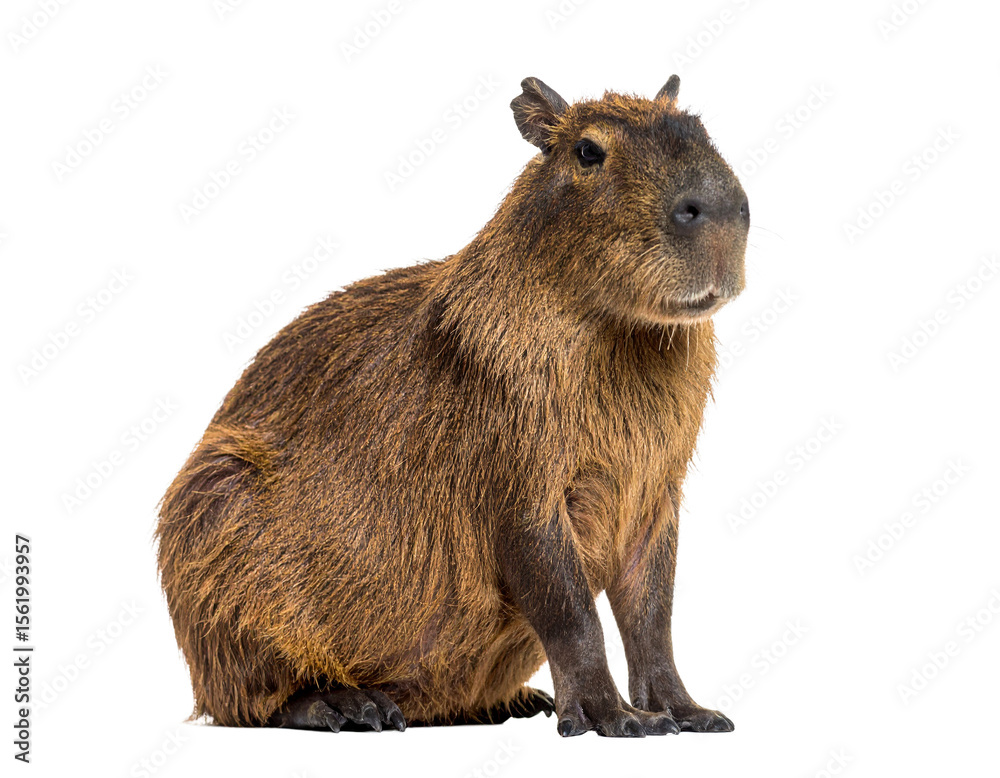 Fototapeta premium A capybara, the world's largest rodent, isolated on a white background, often found in South American wetlands.