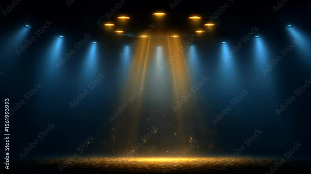 UFO landing in dark room with blue side lights and golden beam illuminating floor