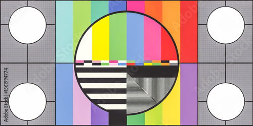 A television test pattern with a large circular center containing a color bar sequence.