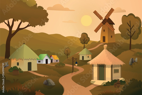 Morning landscape village, big windmill fan, african cottages countryside, road, tree greenery vector illustration of cartoon background