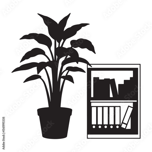 Black silhouette illustration of potted plant and bookshelf depicting home interior elements