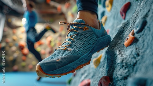 Close-up of a person's climbing shoe on a climbing wall.