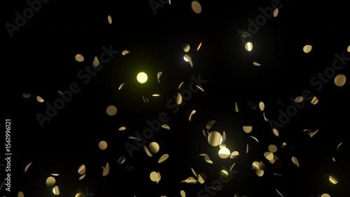Confetti Explosion Gold Color on Black Background, Alpha Channel 3d Animation. Bright Golden Confetti Particles Falling Isolated Illustration. Metallic Circles Flowing Celebration Design Element 4k.