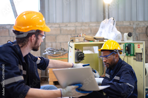 Blue collar workers at machine shop with welding robot arm.