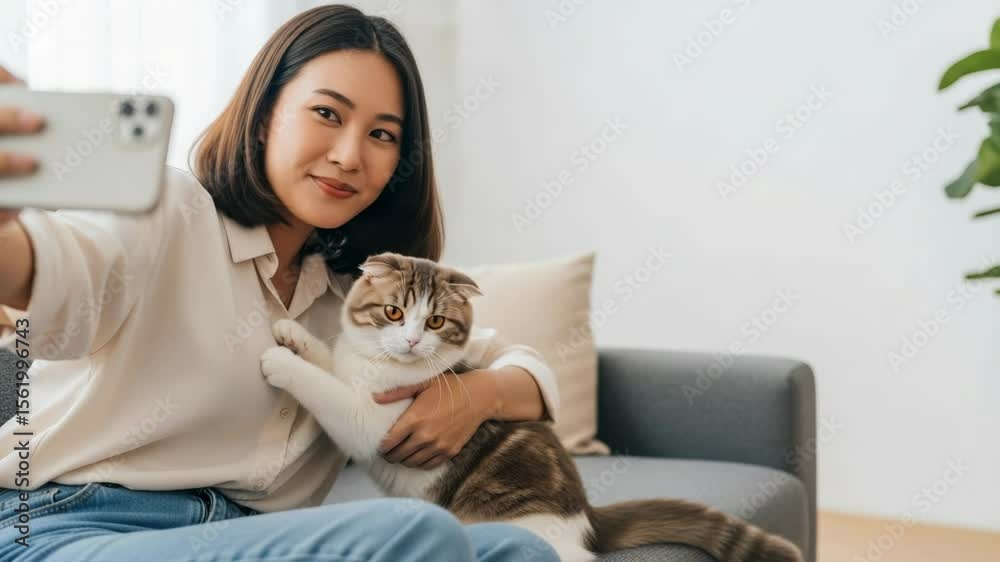 Smiling woman taking selfie with her adorable pet cat at home Smiling woman taking selfie with her adorable pet cat at home