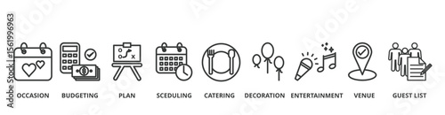 Event planning and management banner concept illustration with keywords and editable thin line vector icons 