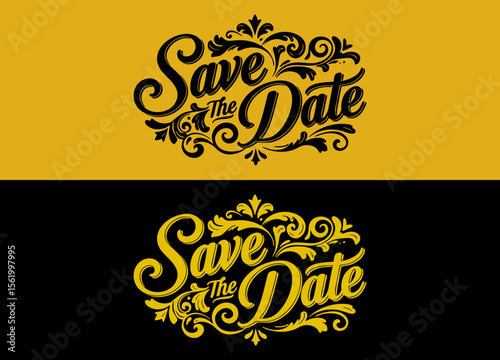 Vintage Save the Date script with dramatic swirls