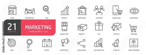Set of line icons related to marketing, advertising, business, commerce. Outline icons collection. Editable stroke. Vector illustration
