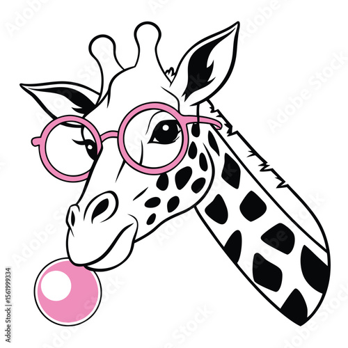 Whimsical Giraffe with Pink Glasses Chewing Bubble Gum
