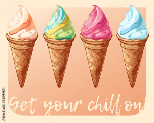 Sweet Cartoon Ice Cream Cones Vector Illustration. Delightful vector illustration of cartoon ice cream cones on beige background. Each waffle cone is filled with a different flavor 