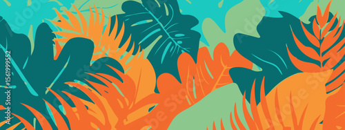 Abstract tropical leaves vector illustration on a dark background. Cartoon flat design of a variety of colorful leaves in a tropical style. The vibrant colors and abstract shapes 