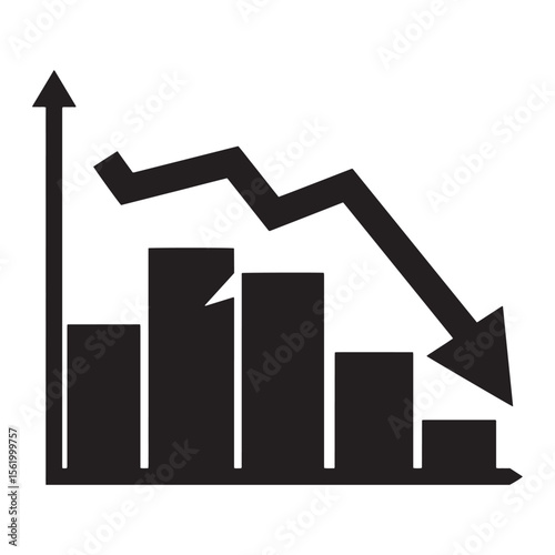 Financial decline concept illustrated with downward arrow and bar chart in black and white