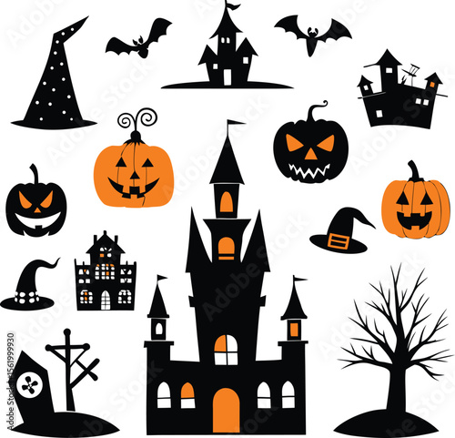 Set Halloween Elements Vector Illustration with Various Kinds  and  silhouette