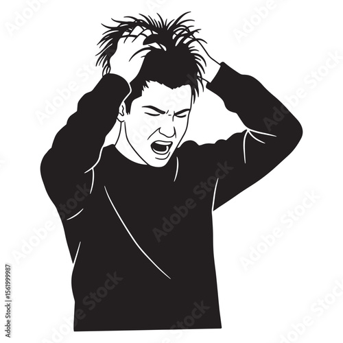 Frustrated man screaming and grabbing his head representing stress or overwhelm in black and white