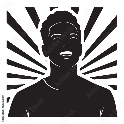 Happy man silhouette with sunburst background in black and white illustration