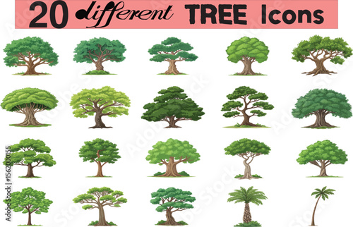 20 distinct tree icons,  A captivating collection showcases, each meticulously crafted to represent the diverse beauty and variety found in nature's arboreal wonders perfect for design projects.