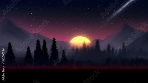 Misty mountain range at dawn, vibrant colors, silhouetted trees, starry night sky