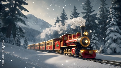 Snowy Expedition: A classic steam train traverses a snowy winter wonderland, puffing smoke as it glides along the tracks amidst a backdrop of snow-covered trees and glistening slopes.