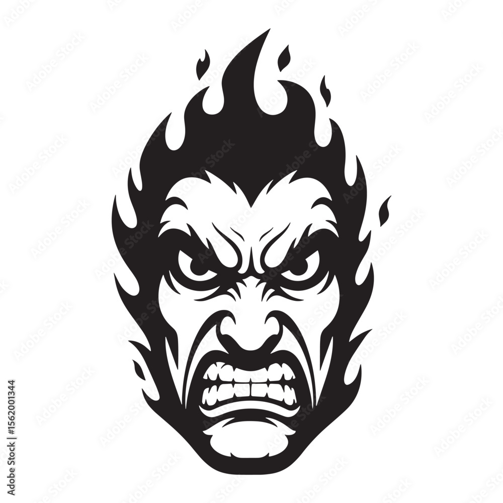 Obraz premium Powerful vector illustration of an angry fiery demon head in black and white