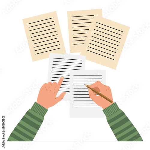 Hands Writing and Reviewing Documents