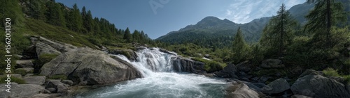 Majestic waterfall flowing through mountain landscape hdr 360 degrees hdri