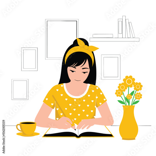Studying Girl Writing in Notebook with Coffee